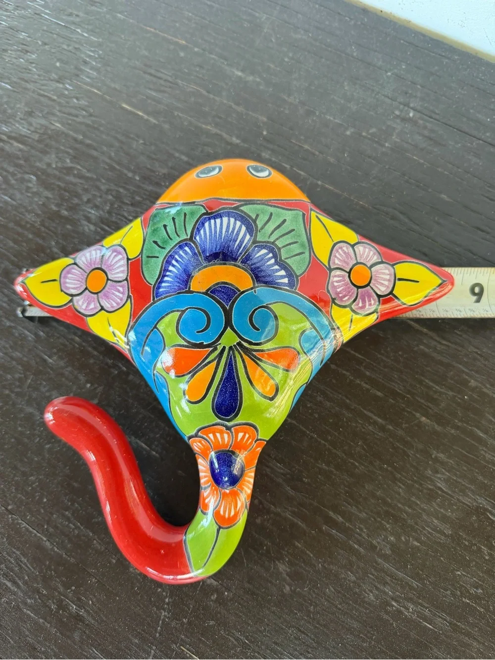 Hand-Painted Multicolor Talavera Stingray Wall Hook - Decorative Home Accent